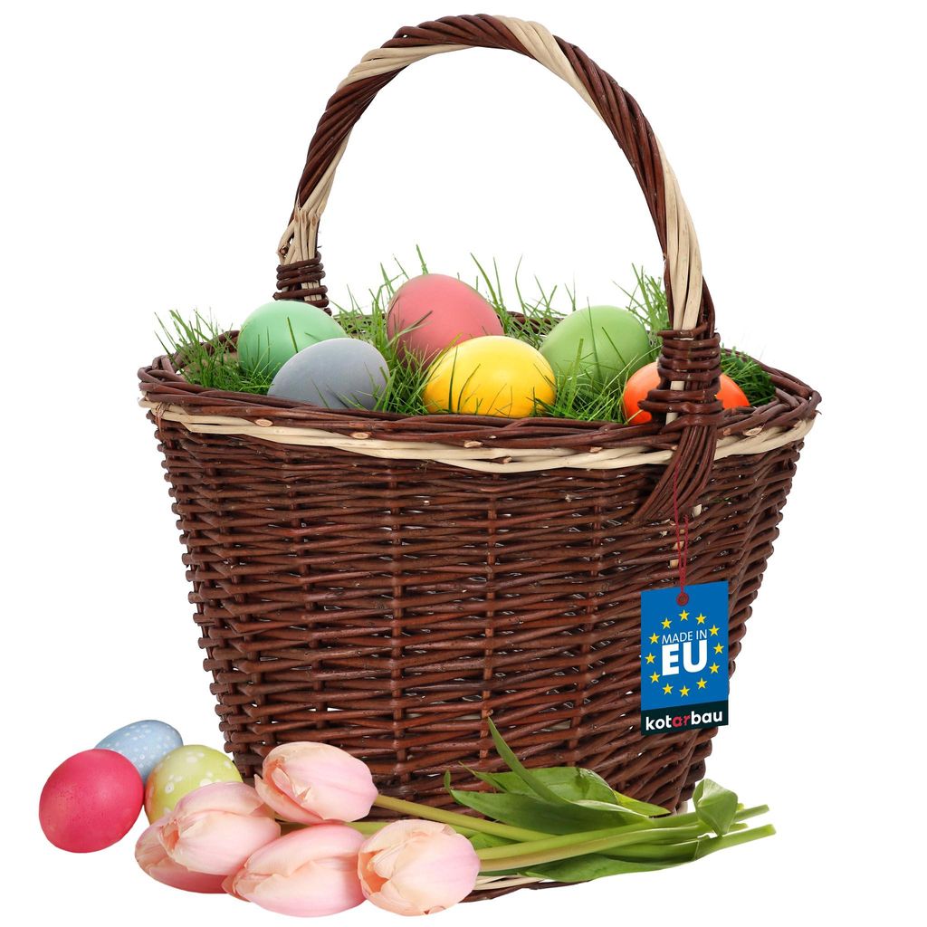 KOTARBAU Einkaufskorb - Aufbewahrungskorb - Korb Geflochten - 35 cm - Pilzkorb – Korb für Obst – Picknickkorb – Braun mit weißem Stre...