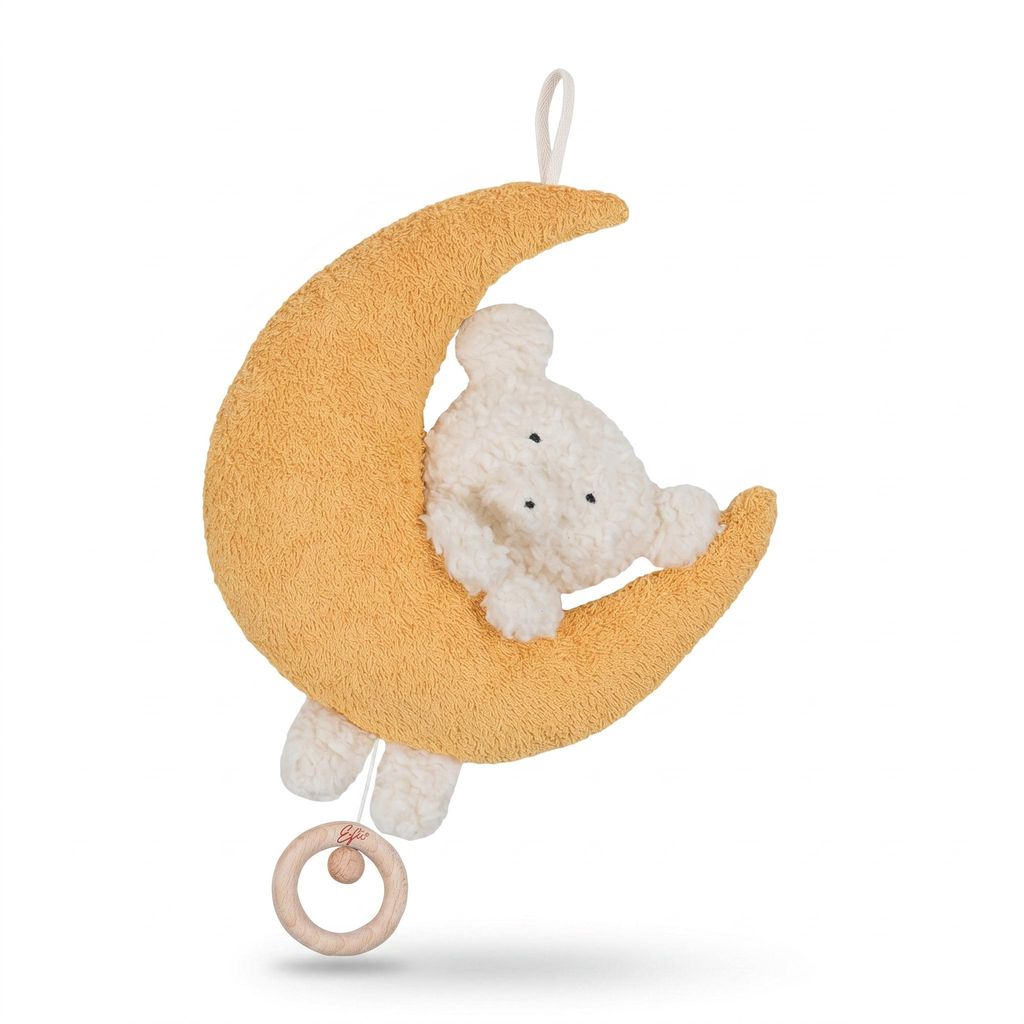 Efie Baby Spieluhr Teddy auf Mond – Melodie Mozarts Wiegenlied, Kuschelspieluhr aus kbA Baumwolle, Germany