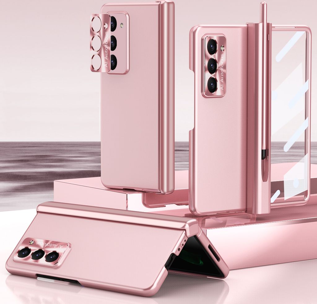 Hülle für Samsung Galaxy Z Fold 5 Magnet Scharnierschutz Stifthalter, Überzug Kratzfest Schutzhülle mit Linsenfolie, Displayschutz Rosa