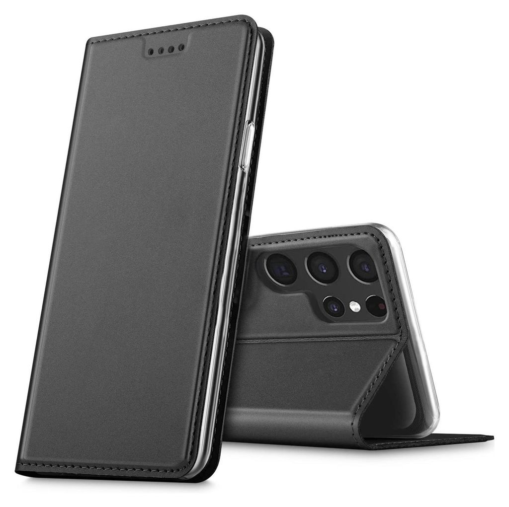A black flip case for a Samsung Galaxy S22 Ultra phone is shown against a white background. The case is partially open, revealing the phone's camera array.