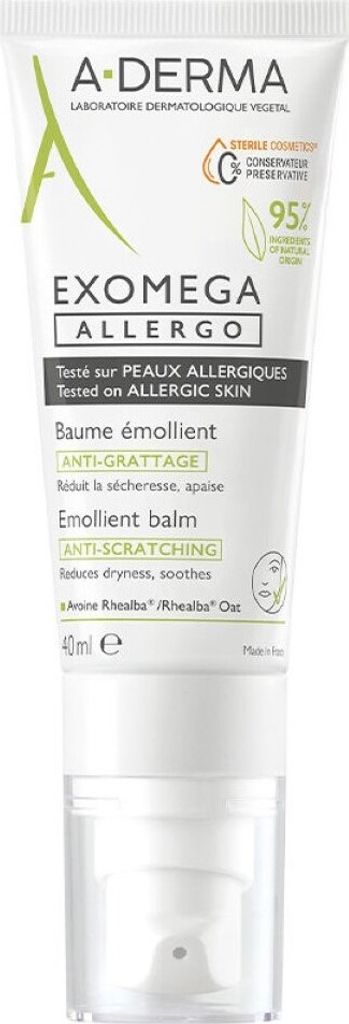A product shot of a tube of A-Derma EXOMEGA ALLERGO emollient balm against a white background.