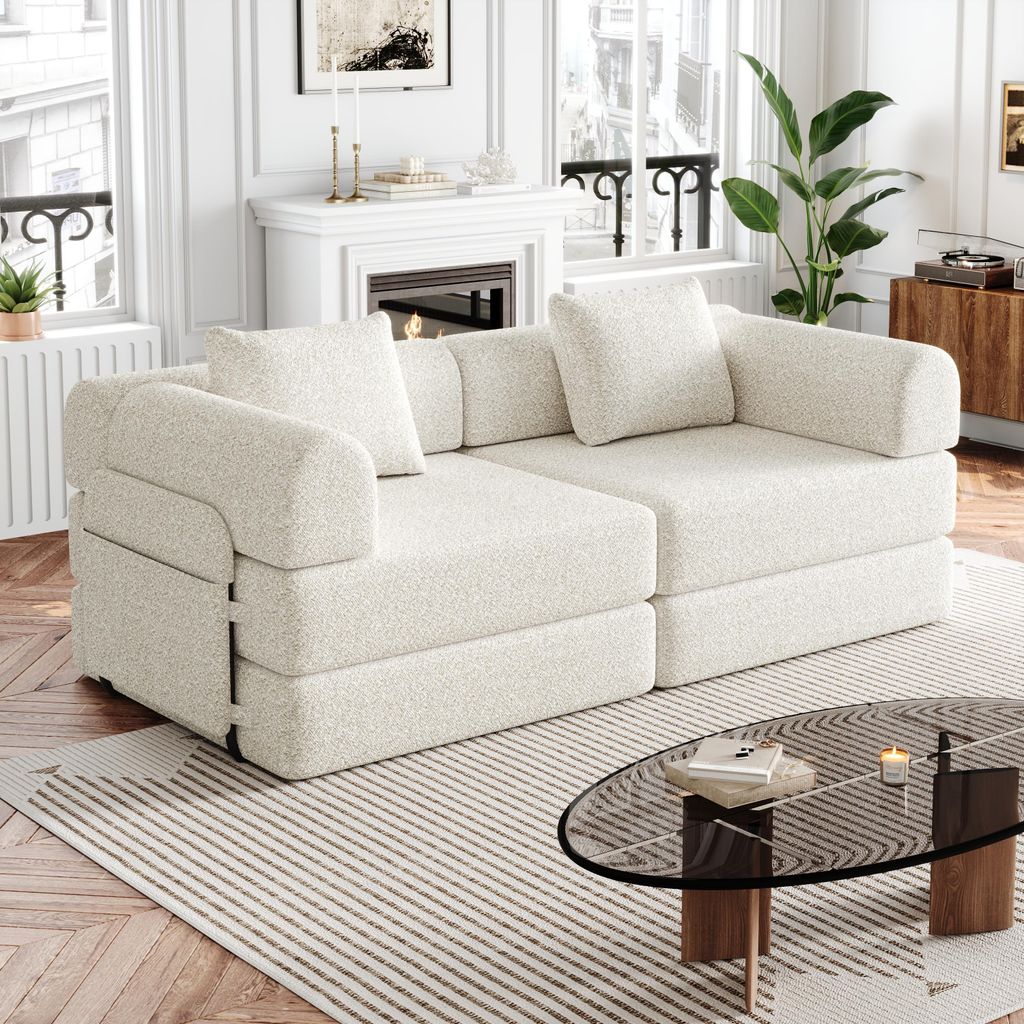 Chenille-Schlafsofa 2-in-1 mit Staufach in der Armlehne, drei Metallrahmen und mehreren Konfigurationsmöglichkeiten.2pcs