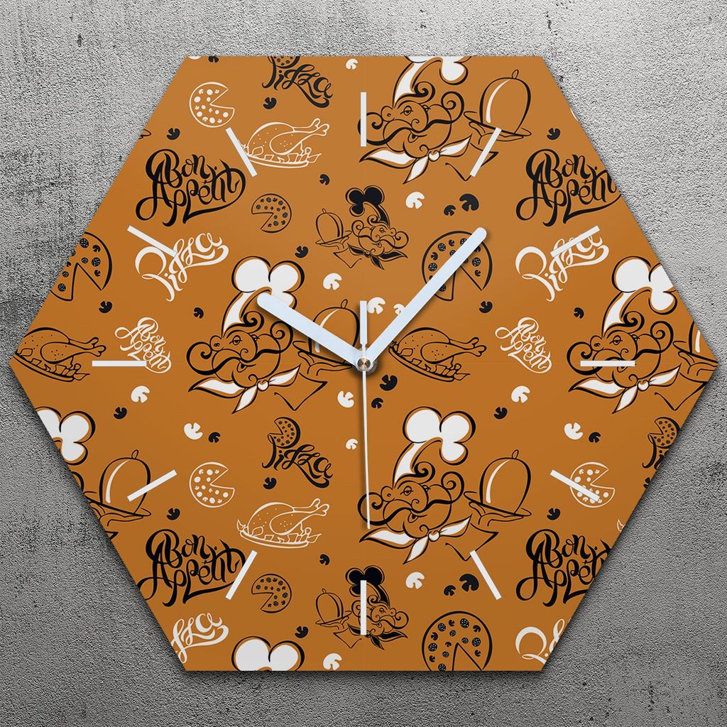 Uhr hexagonal 40 cm Glas Geräuschlos weiße Zeiger - Bon appetit Pizza.Motive