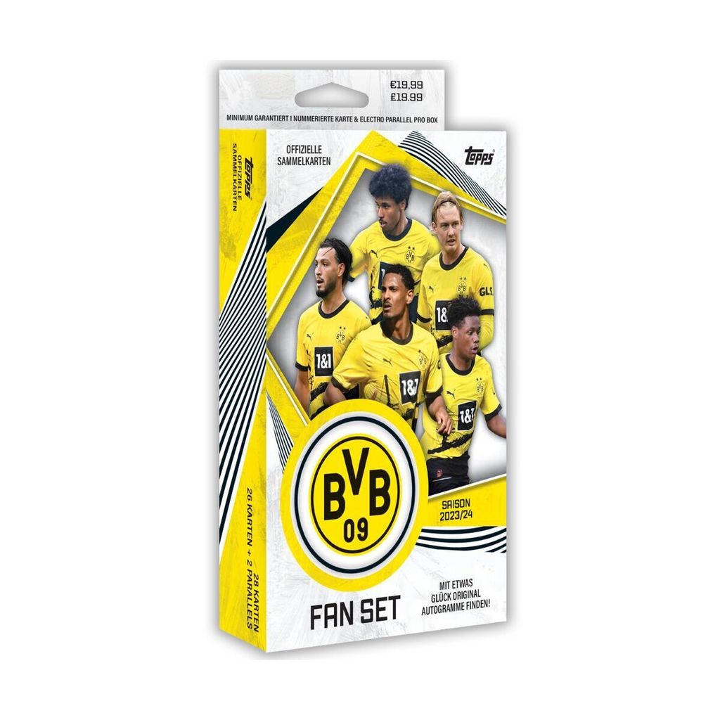 A product shot of a Topps BVB Borussia Dortmund fan set box.