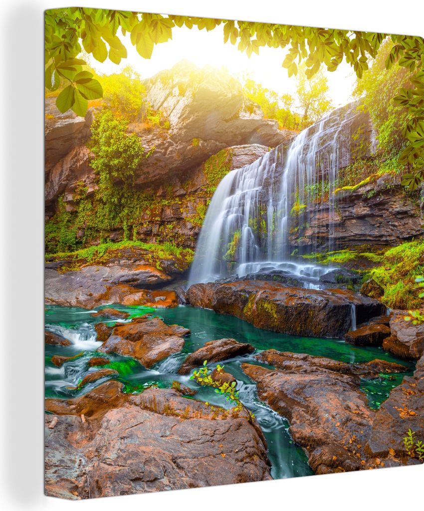 MuchoWow - Leinwandbilder - Natur - Wasserfall - Pflanzen - Bäume - Sonne, Wandbild, Wanddeko Bilder Wohnzimmer, 90x90 cm