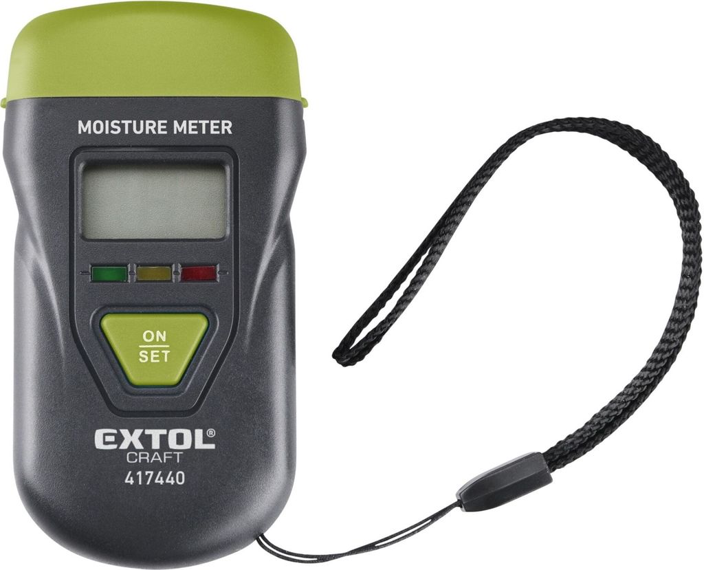 A moisture meter with a lanyard, displayed against a white background.