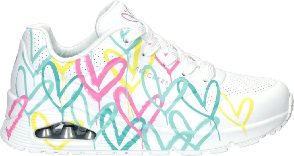 A white Skechers sneaker with a colorful heart print.