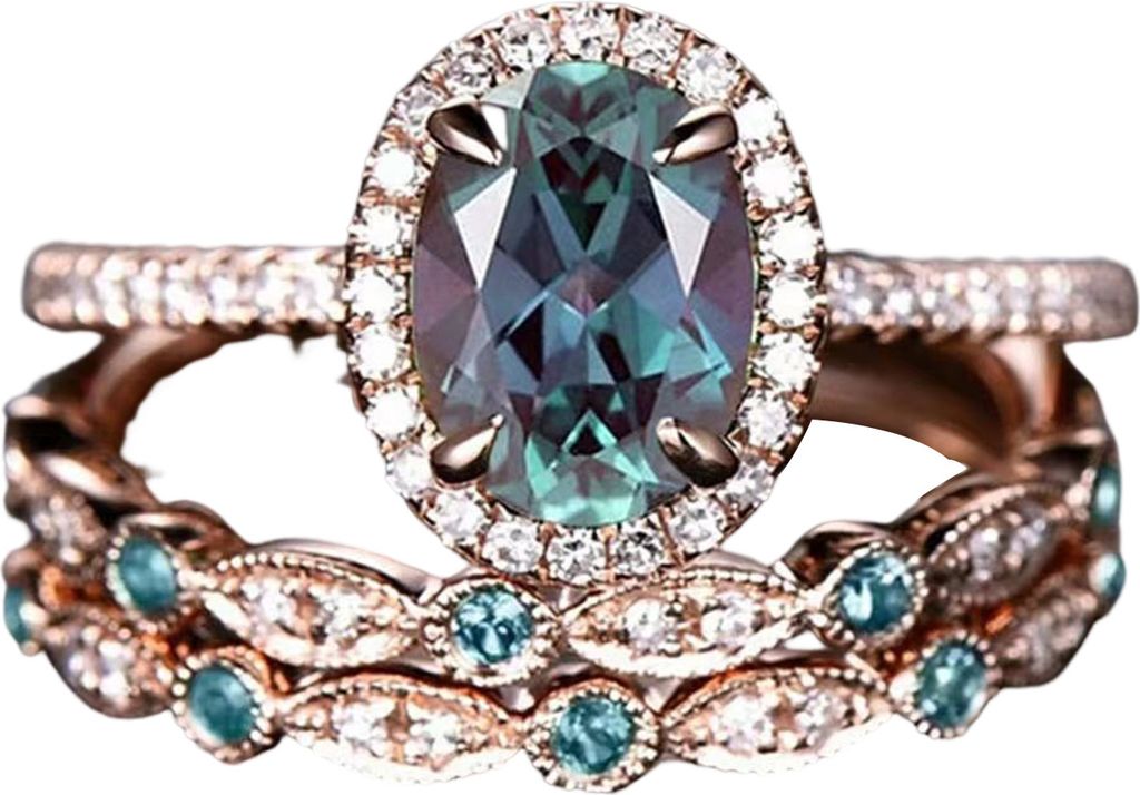 3-teiliger Damen-Ring, einzigartiger ovaler Schliff, Strasssteine, dekoratives Vintage-Damen-Verlobungsring-Set für den täglichen Gebrauch-Golden...