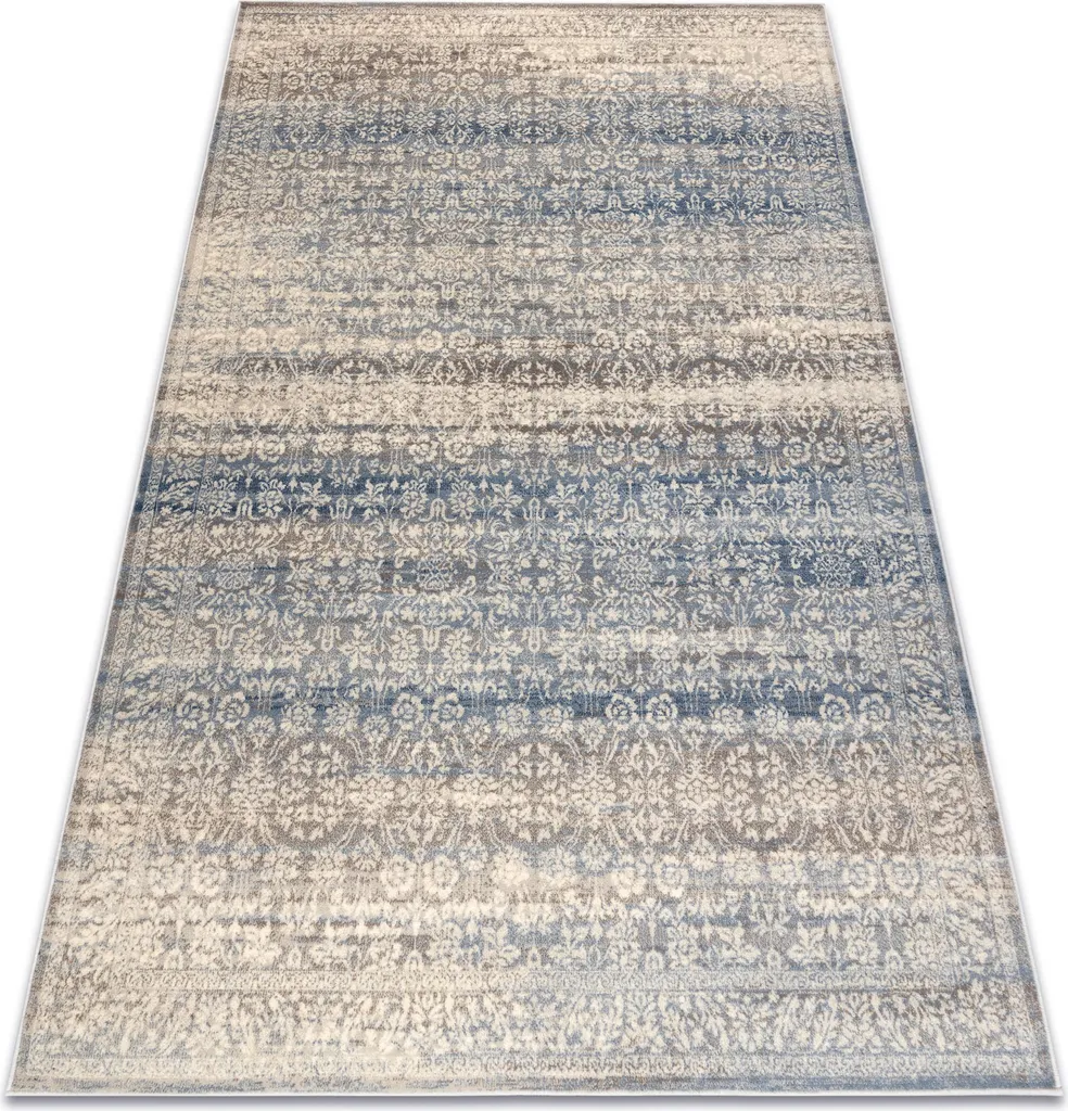 Tapis en Laine Véritable à Motifs Vintage Beige et Bleu Nain 80x150