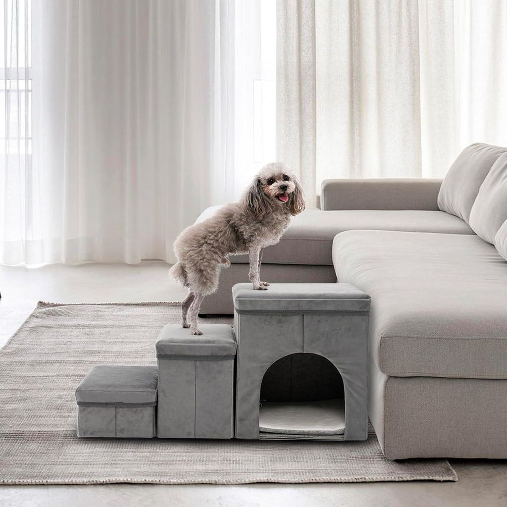 Arkyomi 3-stufige Hundetreppe für kleine Hunde, Hundetreppe mit Stauraum für Bett und Sofa, 40 cm hoch, Katzentreppe für ältere Katzen, Schaums...