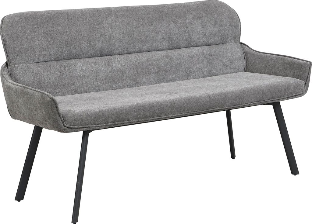 A gray upholstered bench with black legs is shown against a white background.