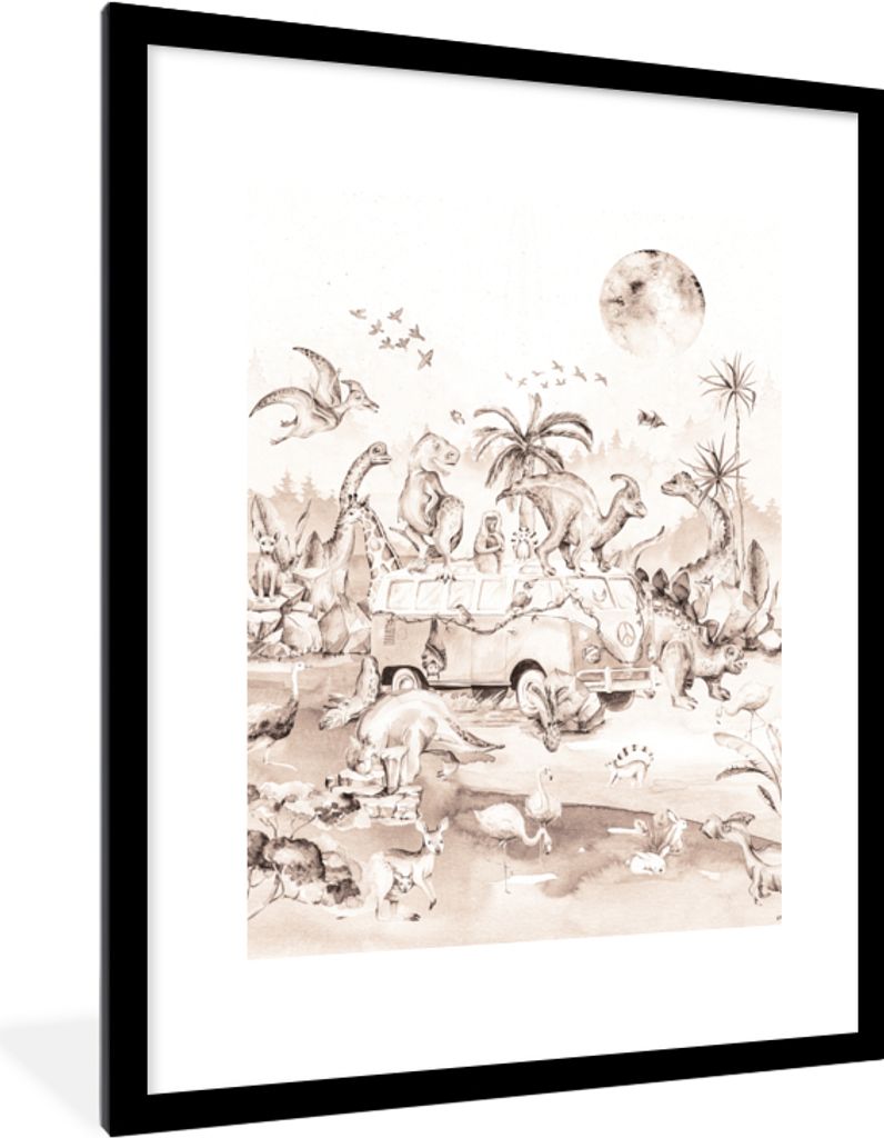 MuchoWow Gerahmtes Poster Dinosaurier - Bus - Kinder - Tiere - Bäume 60x80 cm - Poster mit Schwarzem Bilderrahmen Wandposter Rahmen Foto Bilder ...