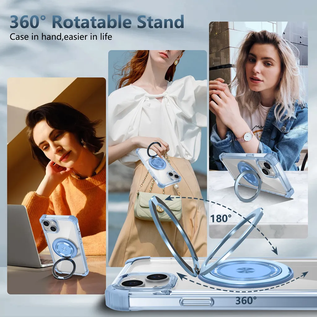 Cover MagSafe iPhone 14 Plus Supporto Anello - Blu Trasparente Antiurto - 5