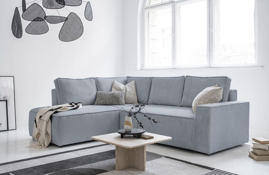 MIUFORM Brave Dave - Ecksofa mit Bettfunktion und Bettkasten L-FORM LINKS - 247x194cm - Hellgrau - Sofa Schlafsofa Couch