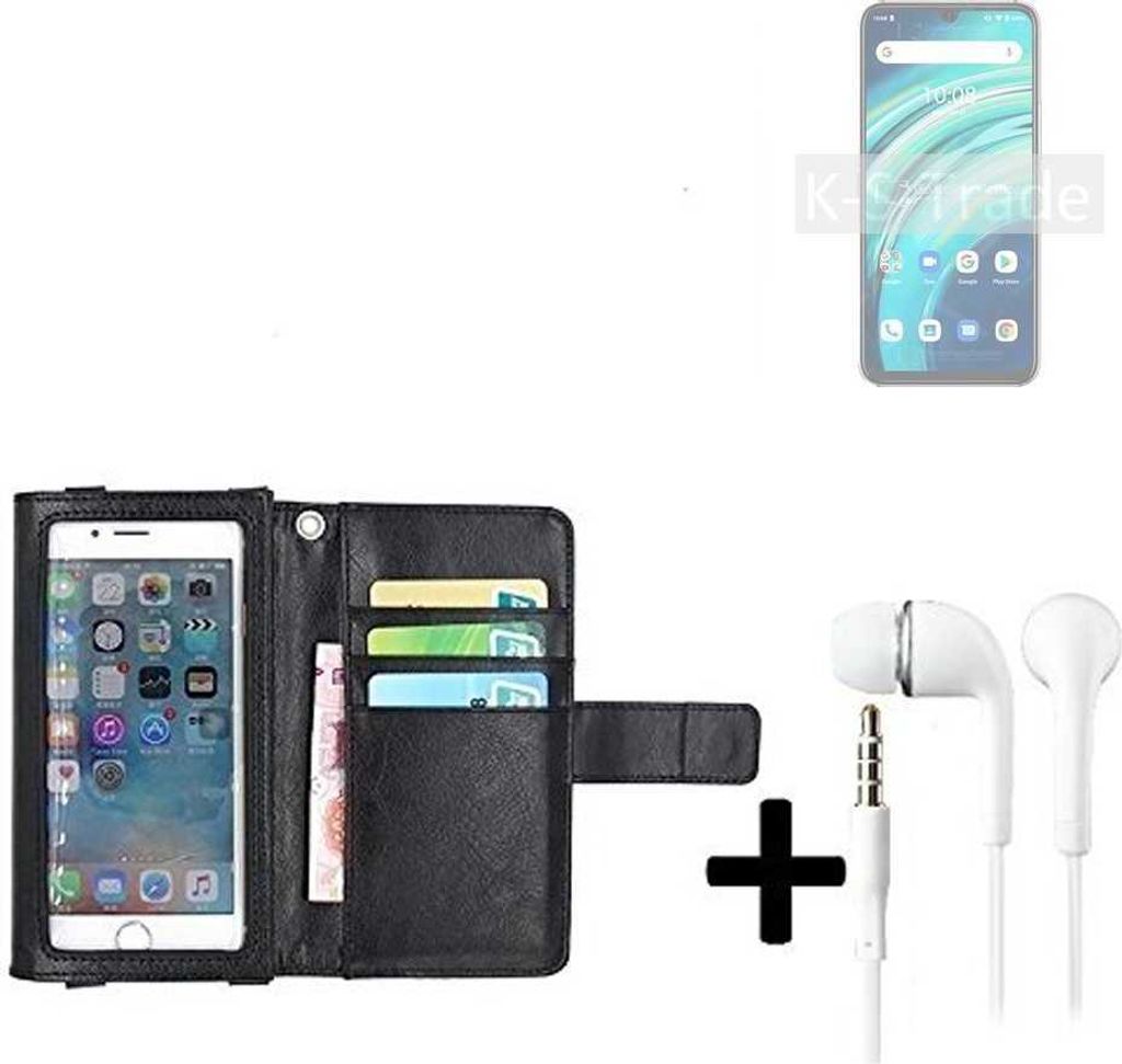 K-S-Trade Handyhülle + Kopfhörer kompatibel mit UMIDIGI A9 Pro Schutzhülle Case mit Displayschutz / Schutzfolie schwarz + Kopfhörer Flip Cover