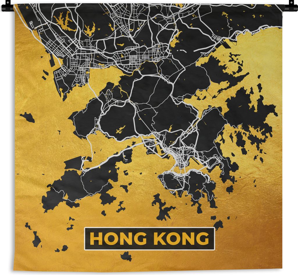 MuchoWow Wandteppich Wandbehang Hongkong - Gold - Stadtplan - Karte 60x60 cm Tapisserie Dekoration Wandtuch - Dekorationen - Wand Decke