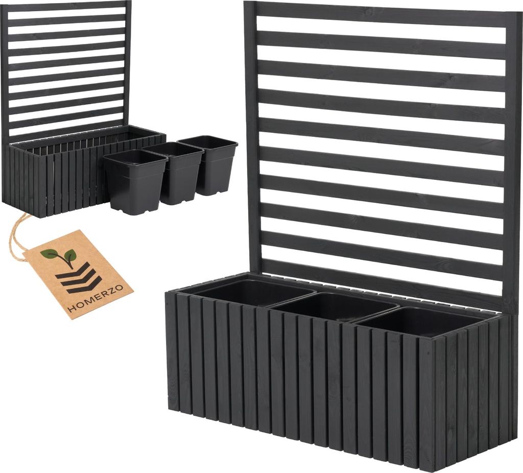 Pflanzkübel mit Rankgitter Spalier mit Pflanzkasten Blumenkasten aus Holz Hochbeet mit 3x18L Pflanzeneinsatz (vertikal-anthrazit, 98x36x35 H112)