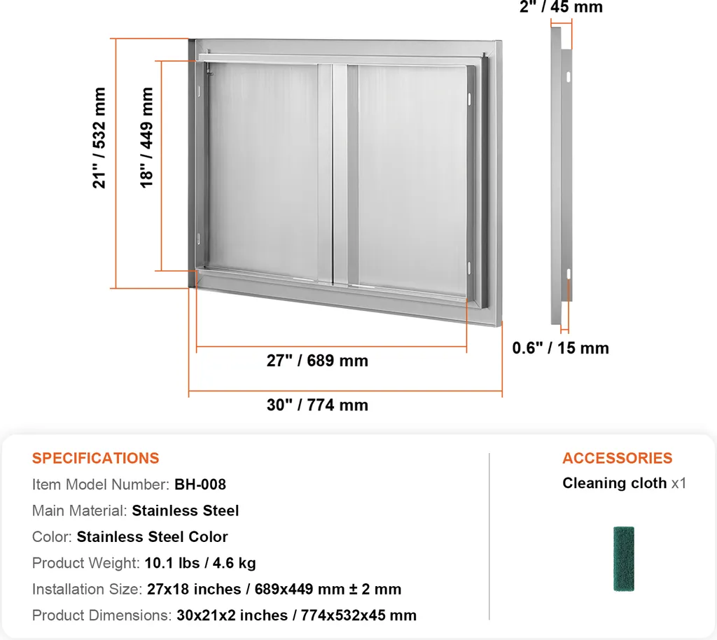 Double Porte Cuisine Extérieure Inox 774x532 mm avec Poignées Intégrées - 7