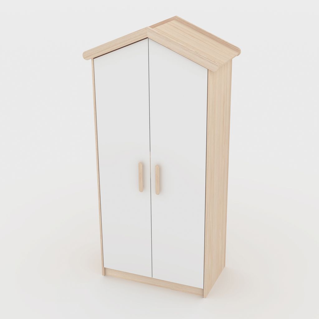roba Kinderkleiderschrank 2-türig Cabane in Hausoptik - Hochwertige Griffe aus massivem Holz - Schrank für Kinderzimmer in Weiß / Eichen-Nachbil...