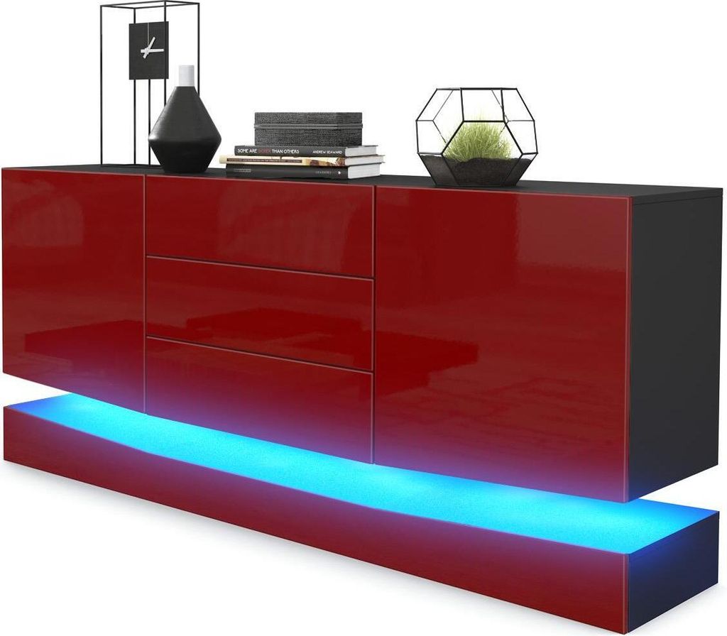 Vladon Sideboard City, Germany, Schwarz matt/Bordeaux Hochglanz inkl. LED - Moderne Kommode für Ihr Wohnbereich (178 x 72 x 38 cm)