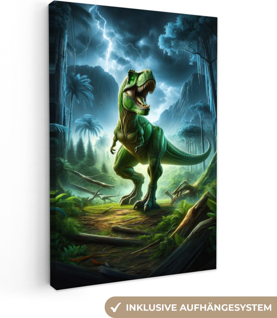 MuchoWow - Leinwandbilder - Dino - Jungen - Grün - Blau - T-Rex, Wandbild, Wanddeko Bilder Wohnzimmer, 60x90 cm