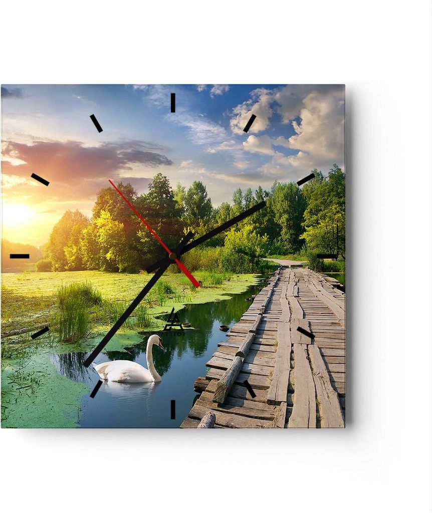 Wanduhr - Quadrat - Glasuhr - Architektur Promenade Schwan Landschaft - 30x30cm - Schleichendes Uhrwerk - Lautlos - zum Aufhängen bereit - Dekorat...