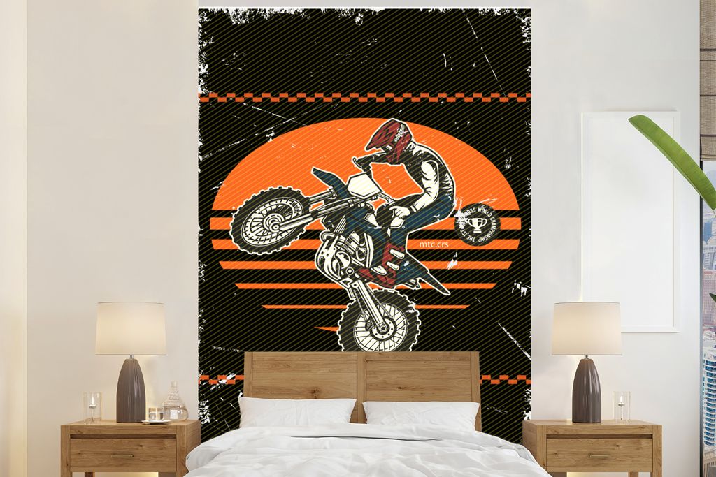 MuchoWow Fototapete für Wohnzimmer oder Schlafzimmer Wandtapete Vinyl Motivtapete Vintage - Motor - Muster - 155x240 cm - Tapete