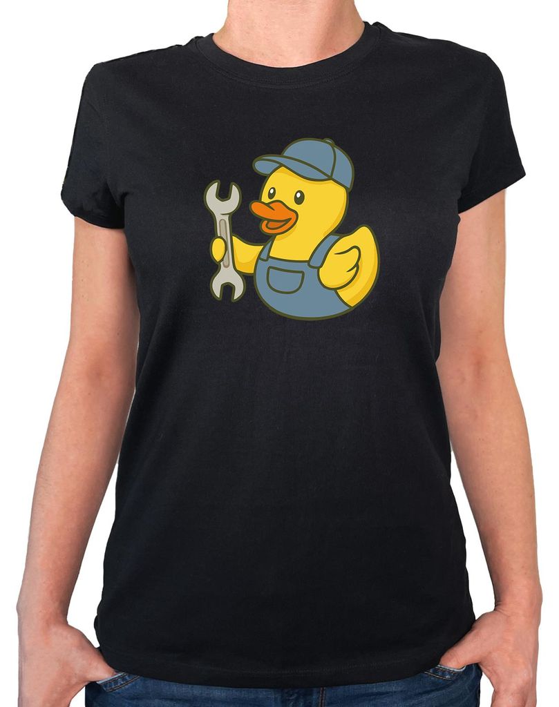Huuraa Damen T-Shirt Quietscheente Kfz-Mechatronik Comic Gummiente S Black Bio Baumwolle Fairtrade Damenshirt Geschenkidee