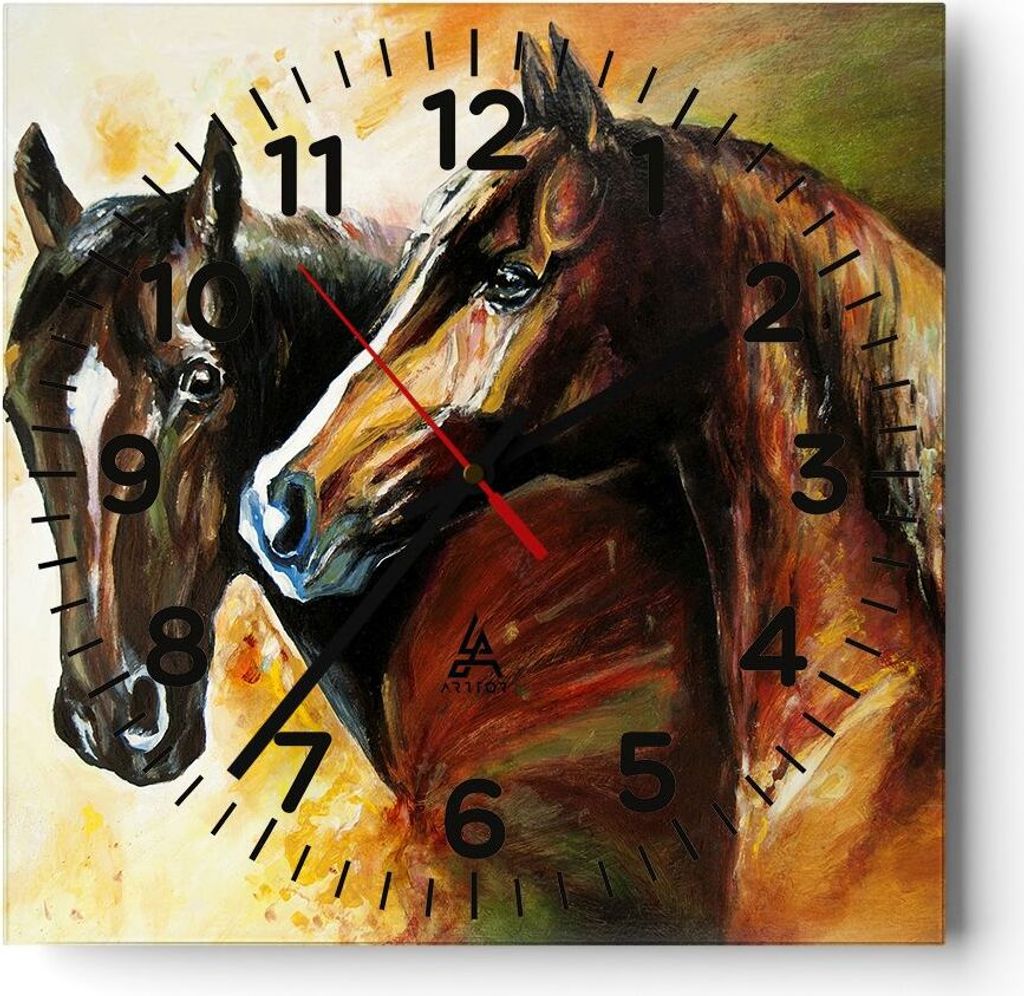 Wanduhr - Quadrat - Glasuhr - Pferd Natur Tier - 40x40cm - Schleichendes Uhrwerk - Lautlos - zum Aufhängen bereit - Dekoration Modern - Wanddekora...