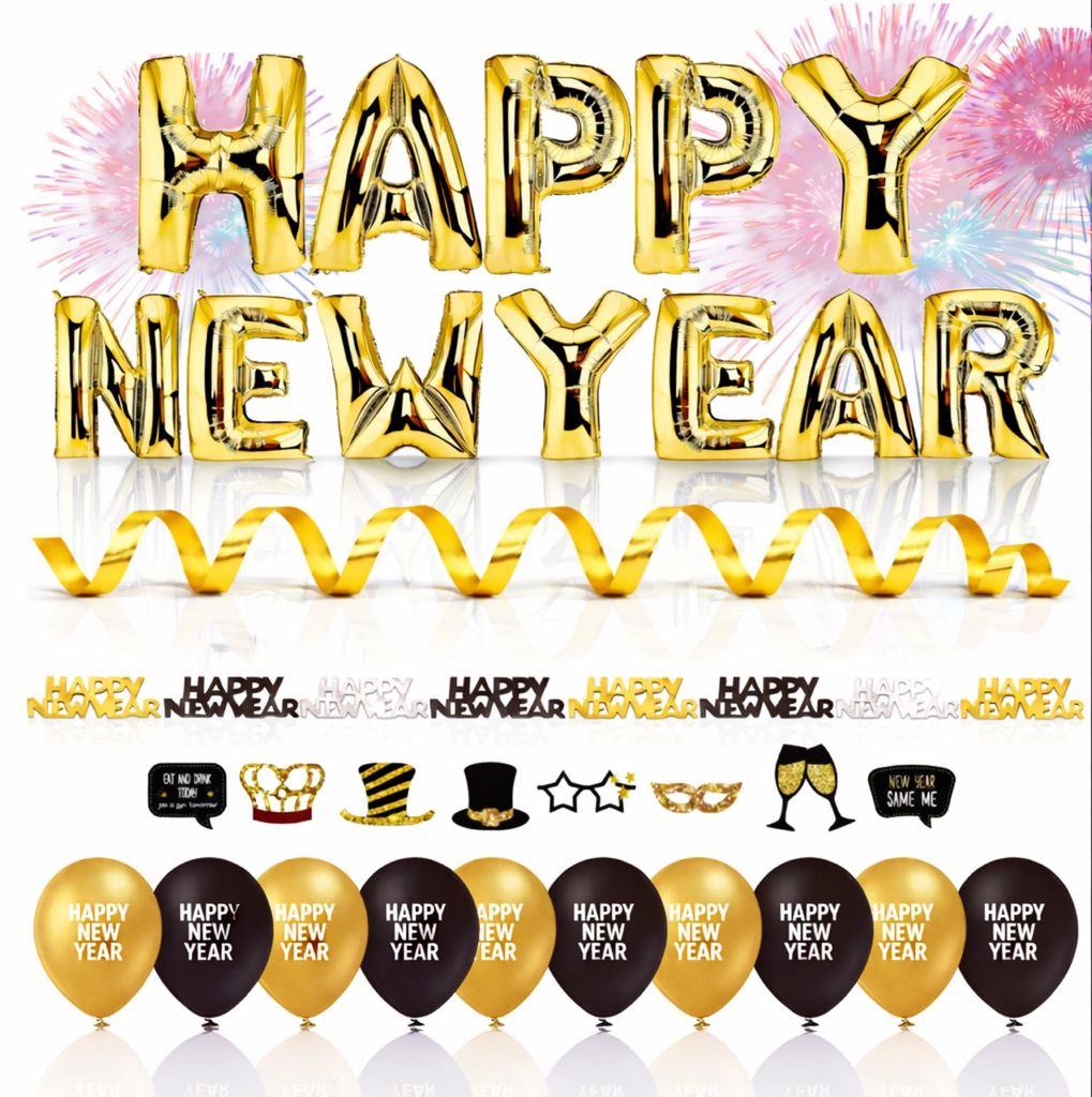 A collection of New Year's Eve decorations, including balloons, banners, and party props, arranged on a white background.