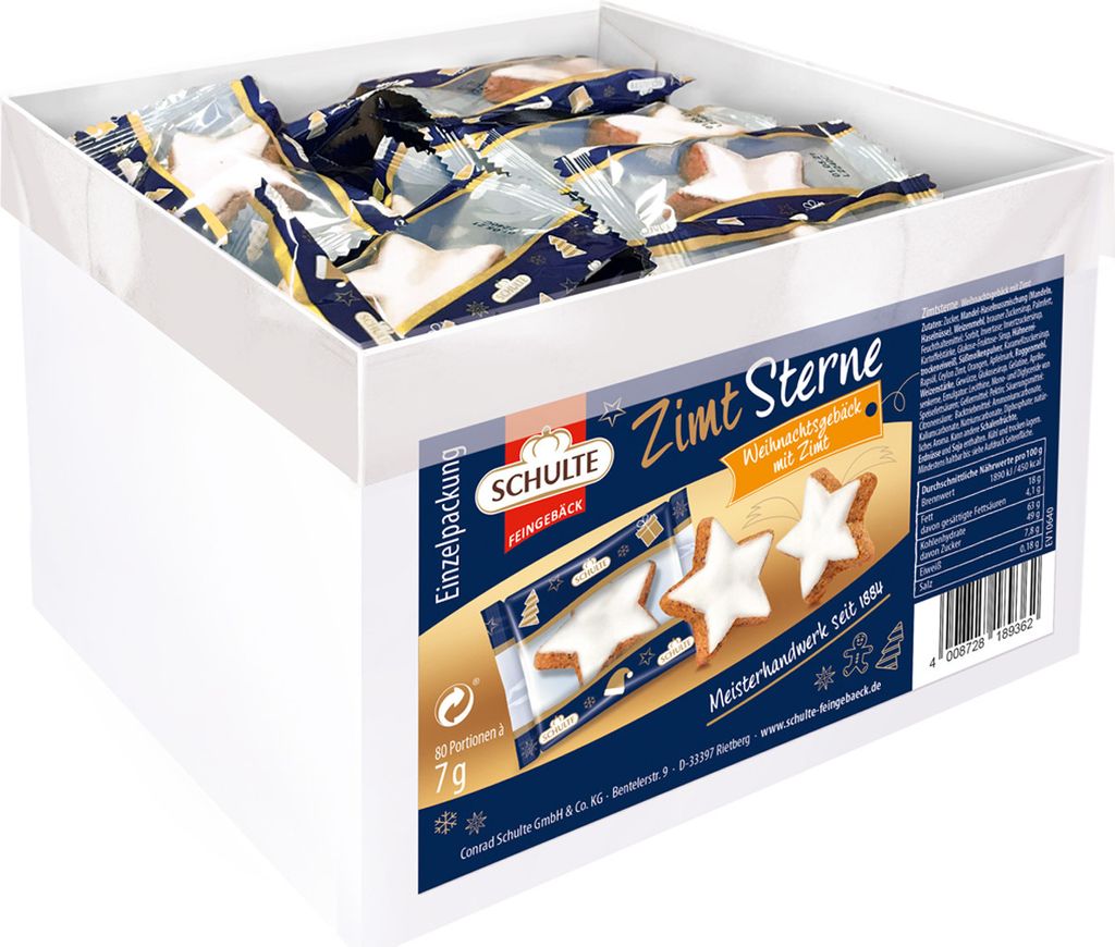 A white box filled with individually wrapped star-shaped cookies.