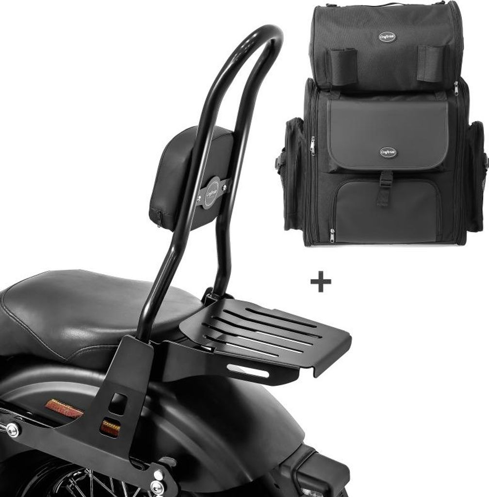 Motorrad Sissybar Set abnehmbar mit Hecktasche 42-55L für Harley Dyna Street Bob 09-17, Low Rider S