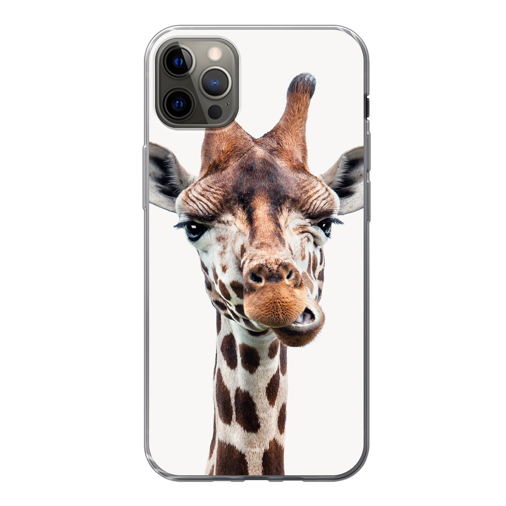 MuchoWow Handyhülle Schutzhülle Hülle für iPhone 12 Pro Max Jungen - Giraffe - Tiere - Kopf - Porträt - Kind - Mädchen Silikon Softcase Han...