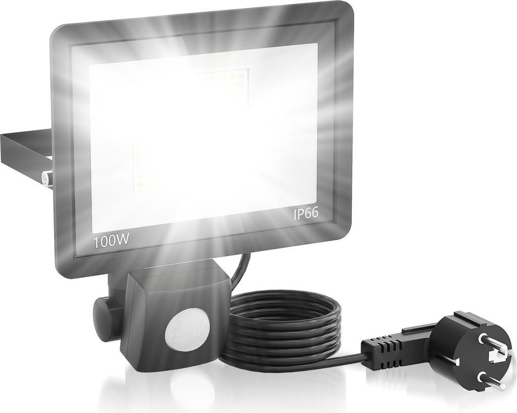 A 100W LED floodlight with a motion sensor and a power plug.