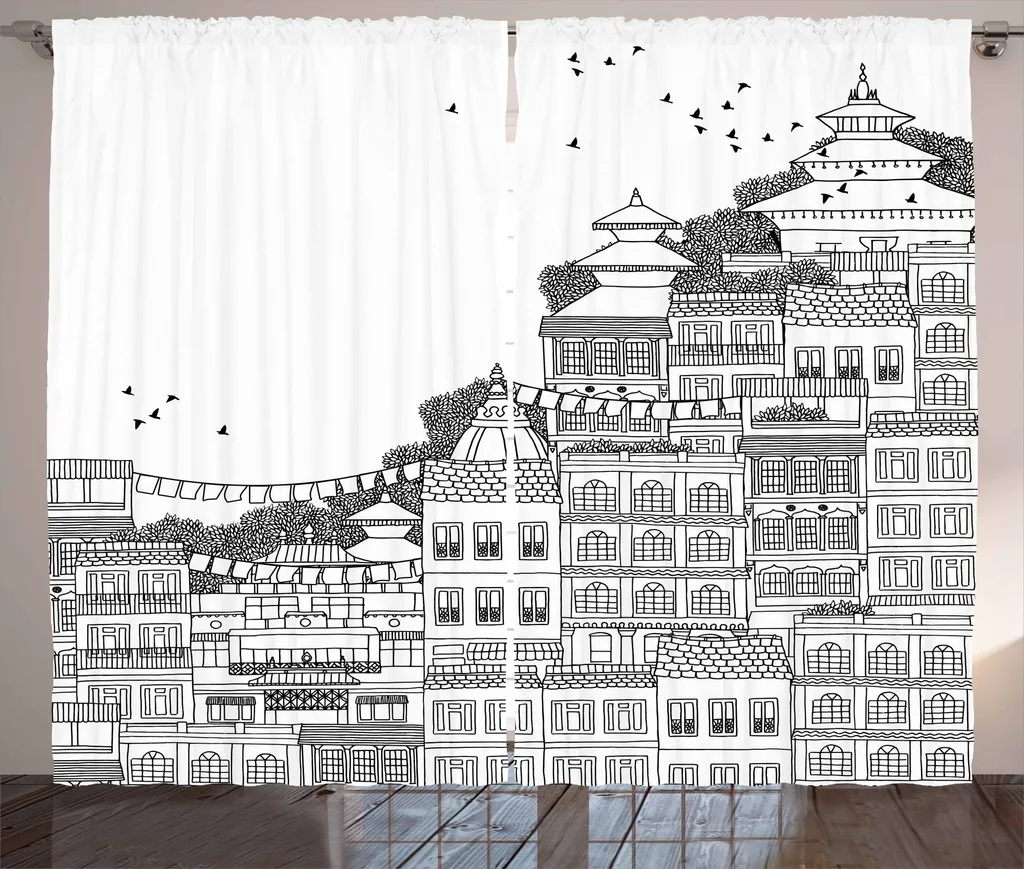ABAKUHAUS Nepal Tenda rustica, stile doodle Kathmandu, tende universali per soggiorno con passanti e ganci, 280 x 175 cm, bianco e nero