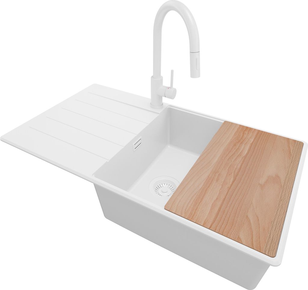 PRIMAGRAN Granitspüle Alles Weiß 90x50cm, Spülbecken 1 Becken + Ablauf-Set + Küchenzubehörset, Küchenspüle ab 60er Unterschrank - Kopenhagen