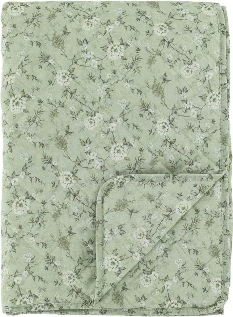 Chic Antique Quilt AIX Grün mit BLUMEN 180x130 cm Baumwolle Tagesdecke