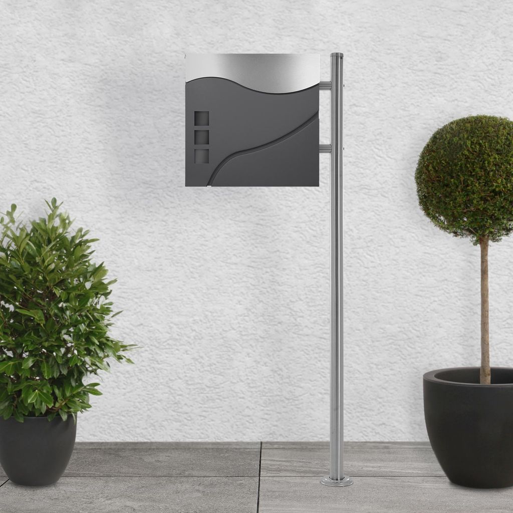 ECD Germany Briefkasten mit Zeitungsfach, 37x36,5x11 cm, Anthrazit/Silber, Postkasten inkl. Ständer Höhe: 120cm