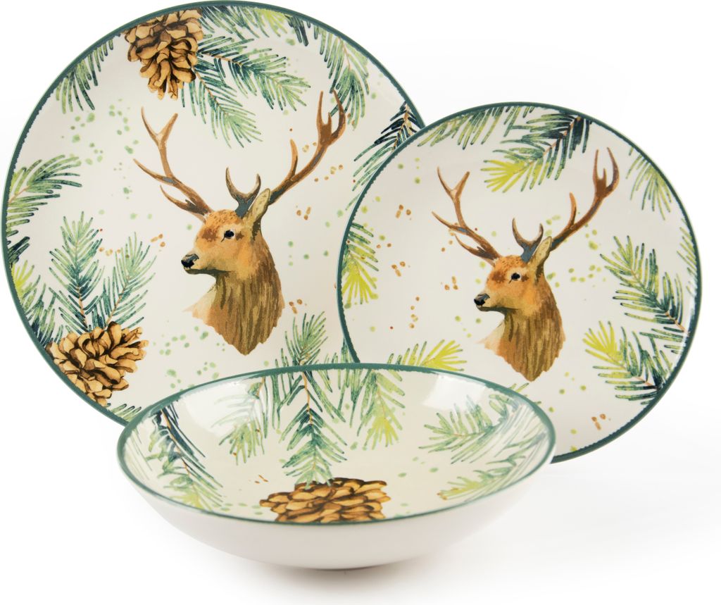 A set of ceramic tableware with a deer and pine branch motif.