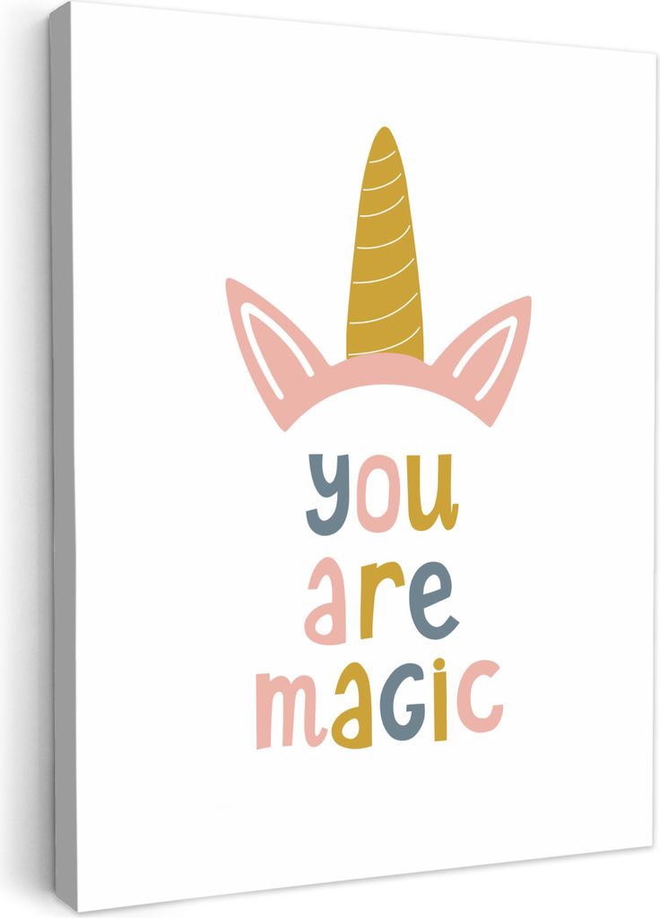 MuchoWow - Leinwandbilder - Kinder - Einhorn - Weiß - Zitat - Du bist magisch, Wandbild, Wanddeko Bilder Wohnzimmer, 50x70 cm