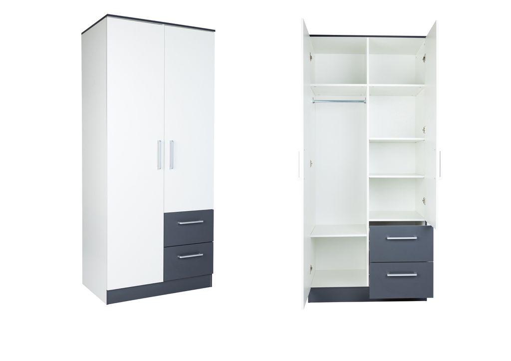 Kleiderschrank 2 Türen 2 Schubladen Mehrzweckschrank Garderobenschrank Weiß