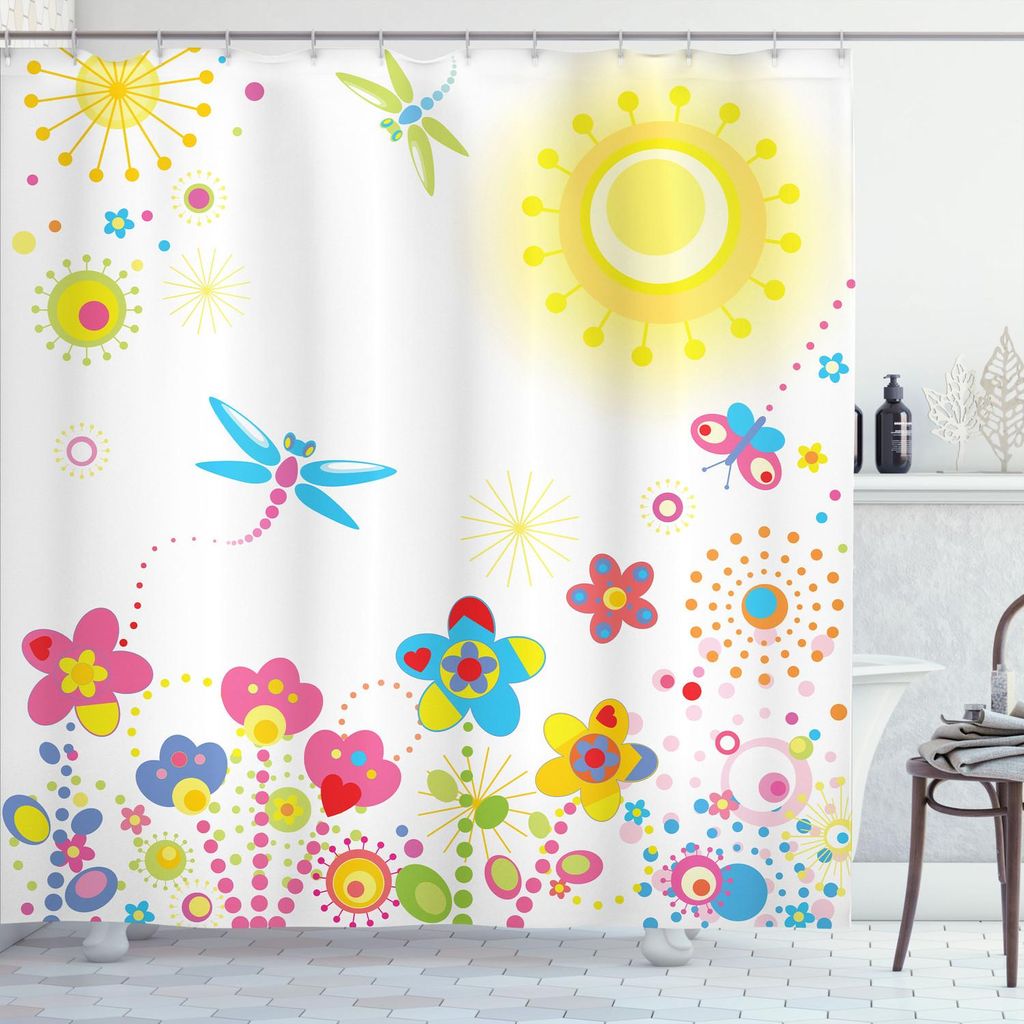 ABAKUHAUS Libelle Duschvorhang, Sommer Blumenhintergrund Mit Sonne Strahlt Bunte Löwenzahn Glück Grafik, 175 x 240 cm, Mehrfarbig