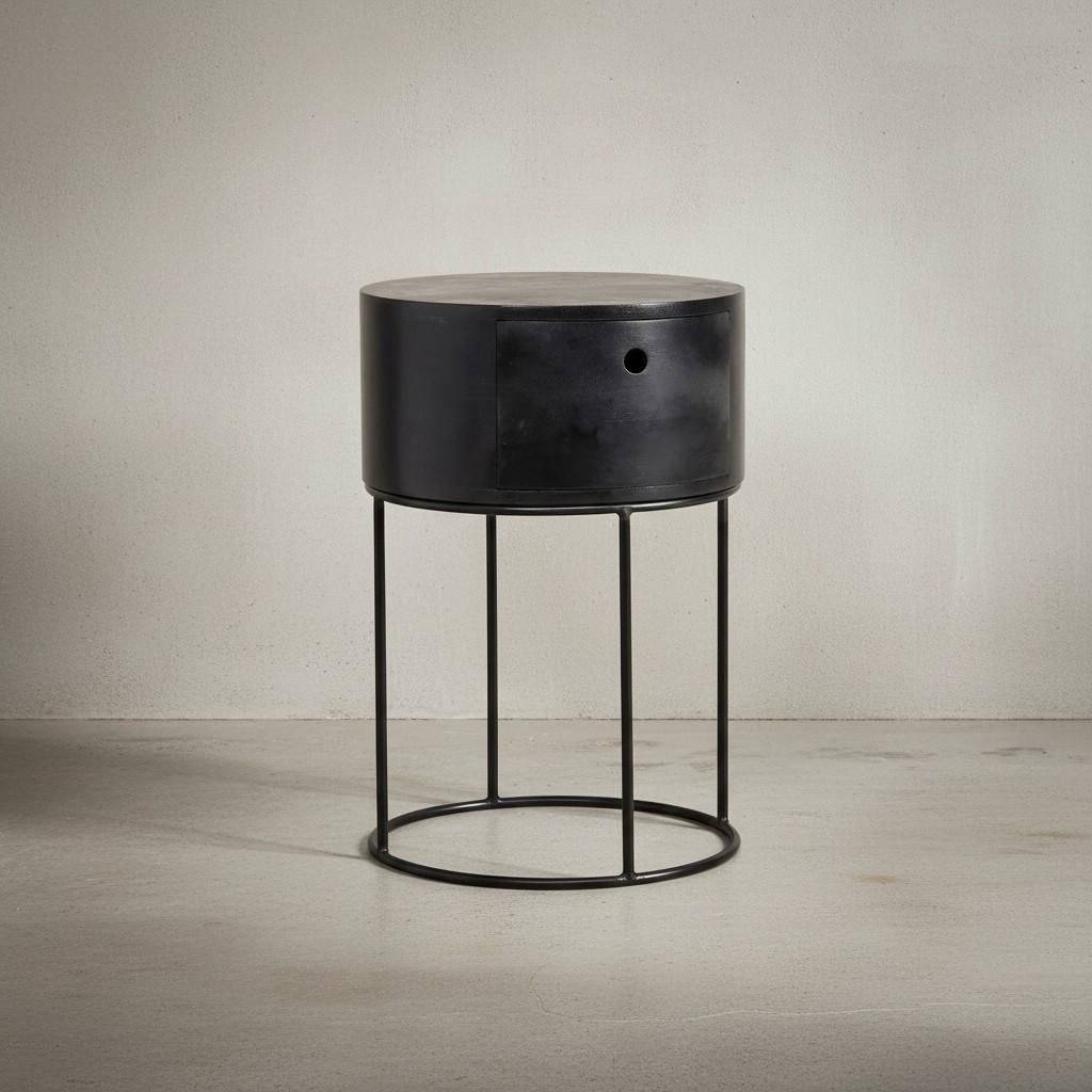 Nachtkonsole Mango Massivholz Metall 40x40x60 cm Nachttisch Schwarz, Design Nachtkommode Rund Boxspringbett mit Schublade, Nachtkästchen mit Stauraum