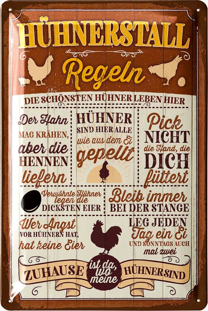 LANOLU Retro Blechschild Hühnerstall-Regeln, Hühner Schild, Geschenk für Hühnerliebhaber, Hühner Geschenke, Hühnerstall 20x30cm