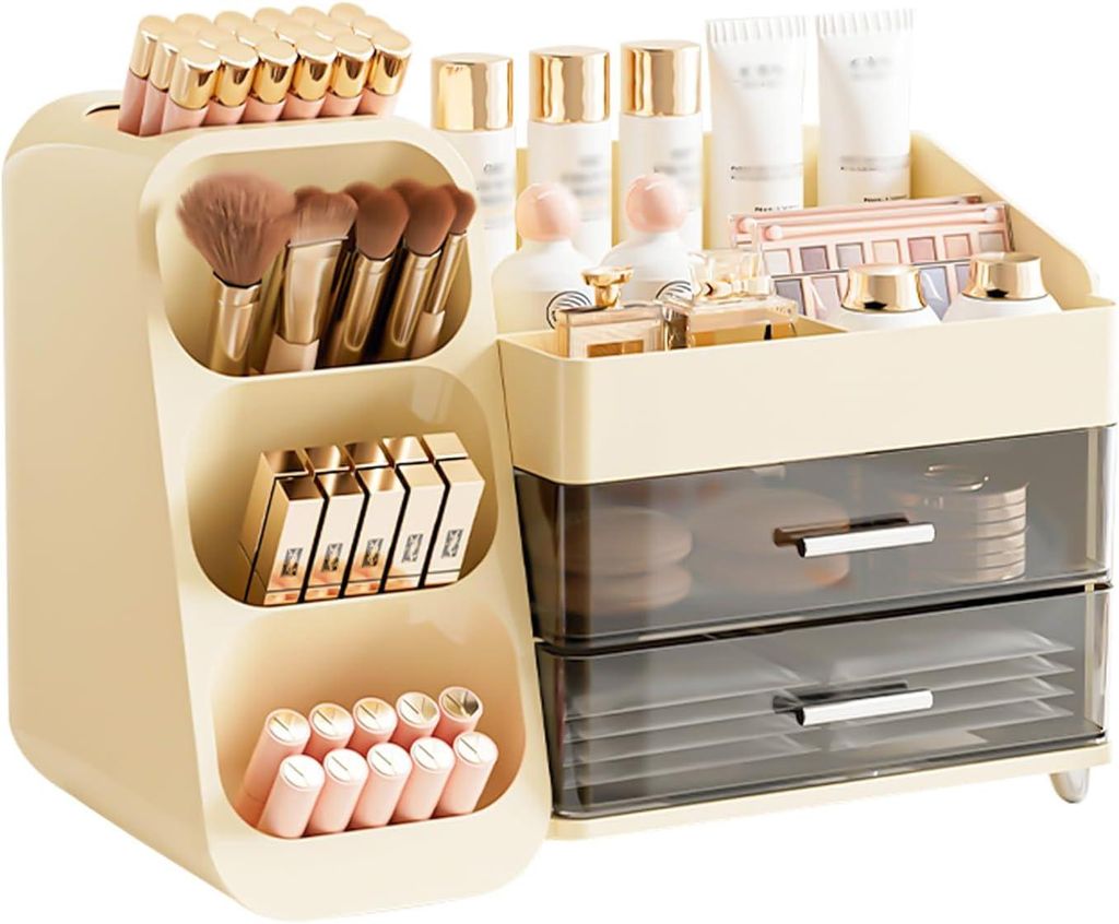 Cremeweiße Box mit Schubladen und Fächern, Make-up-Organizer für Schminktisch, Badezimmer oder Schlafzimmer.