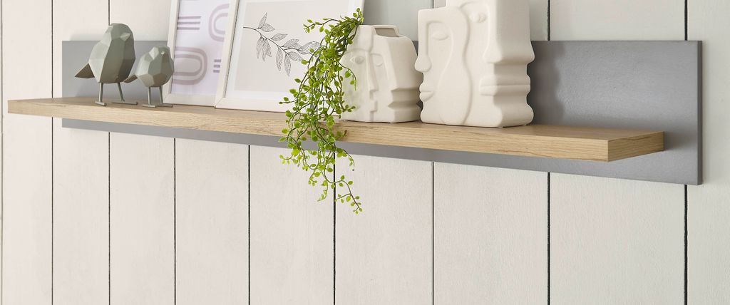 Wandboard "Rideau" in grau und Eiche Landhaus Wandregal 150 cm