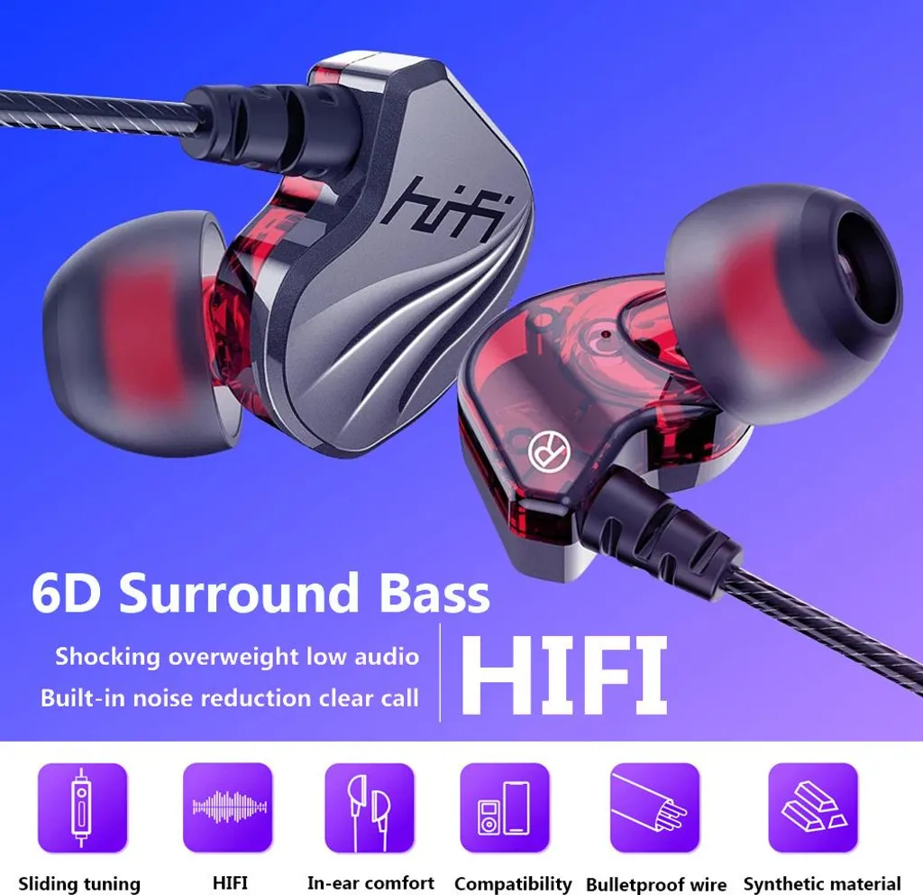 Auricolari in-ear, con cavo, sportivi, bassi surround 6D, impermeabili, gaming, compatibili con più dispositivi, nero, rosso (confezione da 3,5 mm)