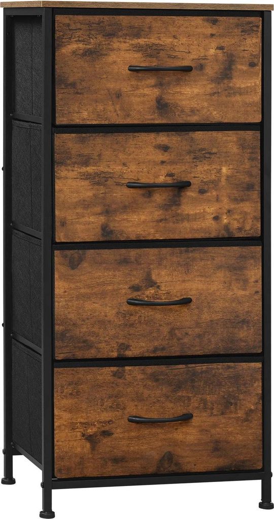 Kommode - Schmale Schubladenkommode mit 4 Stoffschubladen - 45 x 94,5 x 30 cm - Metallgestell, E1-Holz - Für Flur und Schlafzimmer - Vintage Braun