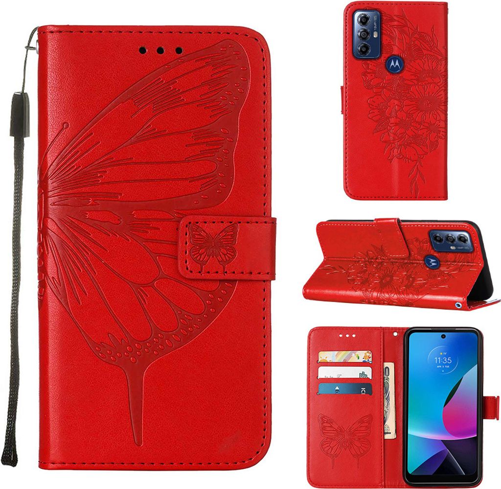 Lederhülle für Motorola Moto G Play (2023)/Moto G Power (2022) Schmetterling Prägung Flip Ledertasche Kartenfächer Handyhülle mit Ständer Rot
