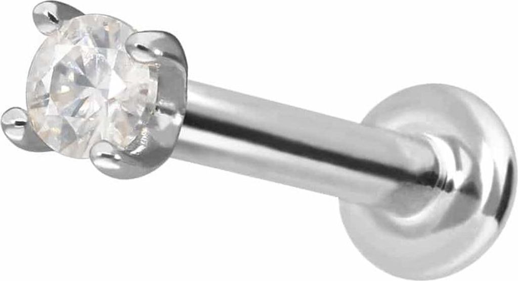Ohrpiercing, Nasenpiercing 14 Karat Gold Labret mit Innengewinde MOISSANIT WeißGold Stablänge: 6mm | Stabstärke: 1mm | Kristallgröße: 2mm